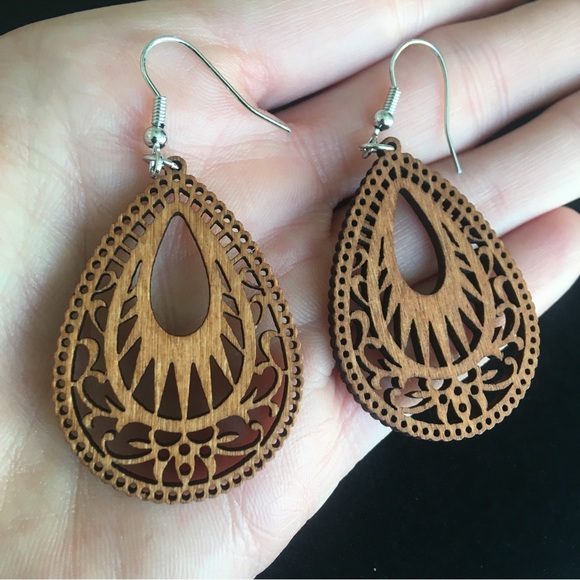 Brown Boho Wooden Water Drop Dangle Earrings - Picture 2 of 7